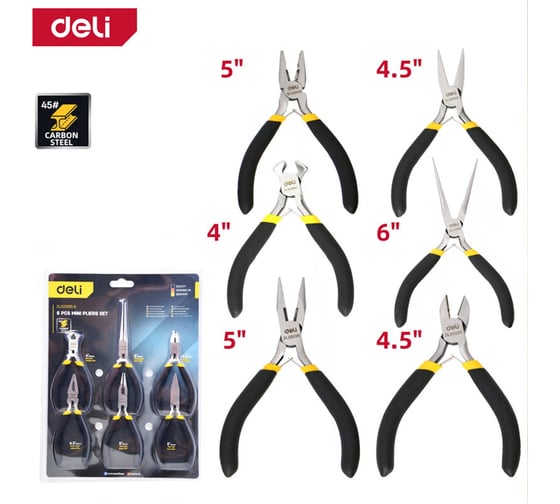 Набор мини-плоскогубцев DELI DL103205-6 (6 предметов, обливная ручка) 179531 1