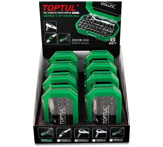 Набор бит с трещоткой TOPTUL 1/4, 35 предметов, Display Box (8 комплектов) GACW3503S