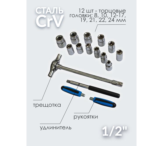 Набор инструментов Forsage с Т-образной трещоткой,17 пр.1/2(6гр.)(8,10,12-17,19,21,22,24мм) F-4171(48724)