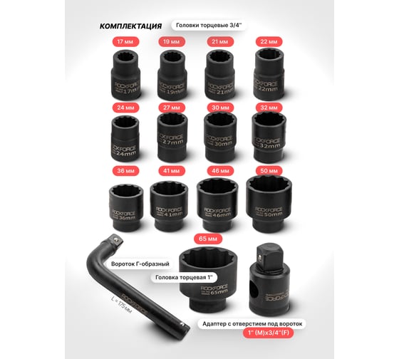 Набор инструментов Rockforce 15 предметов 3/4, 1 (12 граней) RF-6154-5MPB(64843)