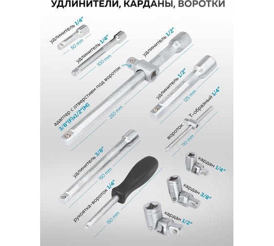 Набор инструментов KingTul 172 предмета 1/2, 3/8, 1/4, 6 граней KT-41723-5(64767)