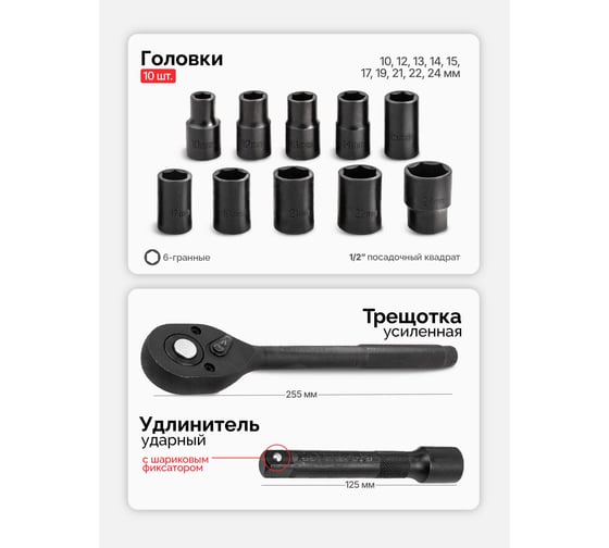Набор инструментов ударных Forcekraft 12 предметов 1/2 (6 граней) FK-4122-5(64663)