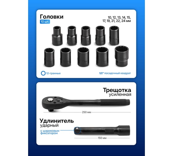 Набор инструментов ударный Forsage 12 предметов 1/2 (12 граней) F-4122-9(64666)