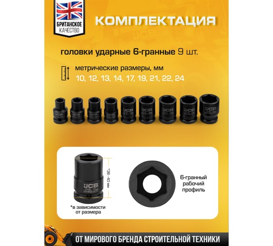 Набор головок ударных JCB с Г-образным воротком, 10 предметов, 1/2 JCB-4104-5MPB(61064)