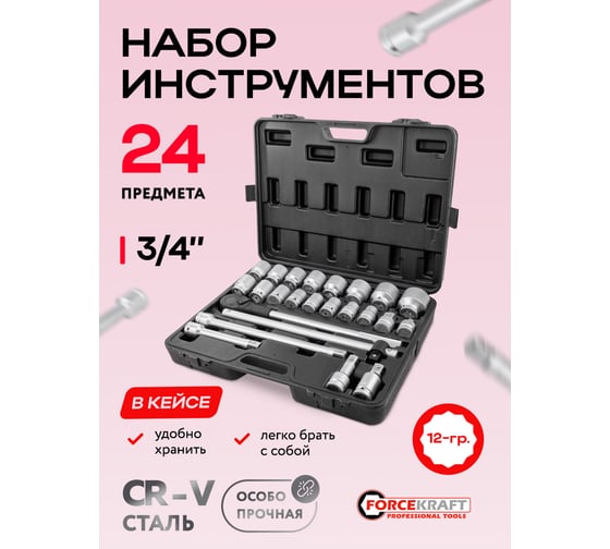 Набор инструментов Forcekraft 24 предмета 3/4''12гр.(17,19,21,22,24,27,30,32,33,34,35,36,38,41,46,50), в кейсе FK-6241-9(64498)