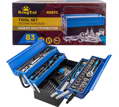 Набор инструментов KingTul 83 предмета 1/4, 1/2" (6гр.), в складном металлическом ящике KT-4087C(65813)
