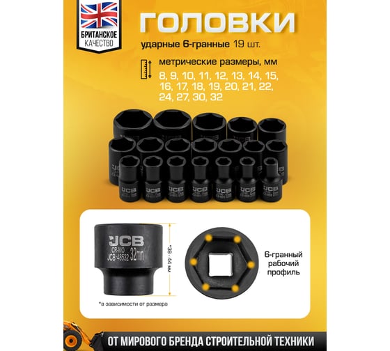 Набор инструментов ударных JCB 26 предметов 1/2 (6гр.) (8-32мм, Cr-Mo), в металлическом кейсе JCB-4263-5MPB(64920)