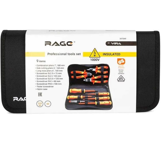 Набор диэлектрического инструмента 1000В VIRA RAGE by VDE 9 пр. 397049