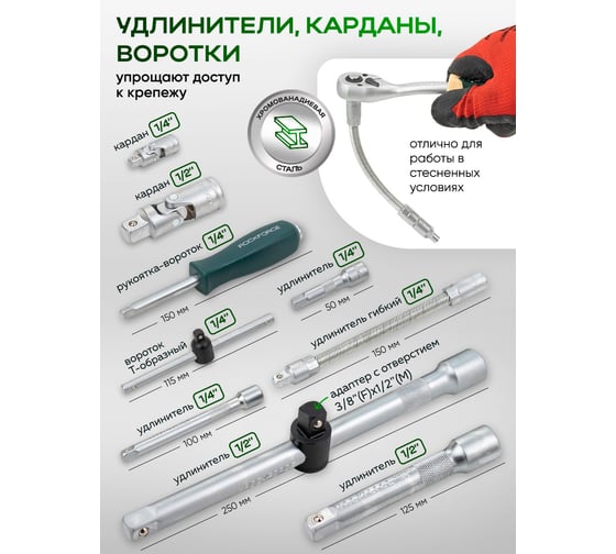 Набор инструментов Rockforce 82+6 предметов 1/4 1/2 6 граней RF-4821-5 GOLD(62161)