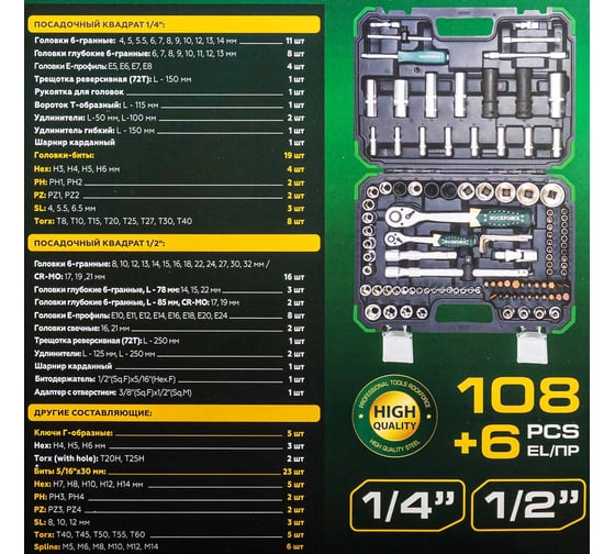 Набор инструментов Rockforce 108+6 предметов 1/4 1/2 6 граней RF