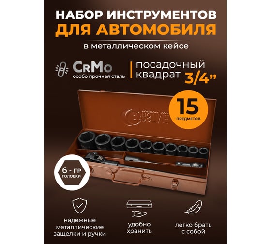 Набор инструментов FORSTIME 15 предметов, 3/4 (6 граней) FT-6143-5MPB(66164)