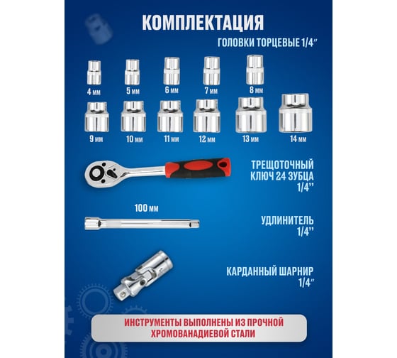 Набор торцевых головок GOODKING с трещоткой 1/4 14 предметов T-1414