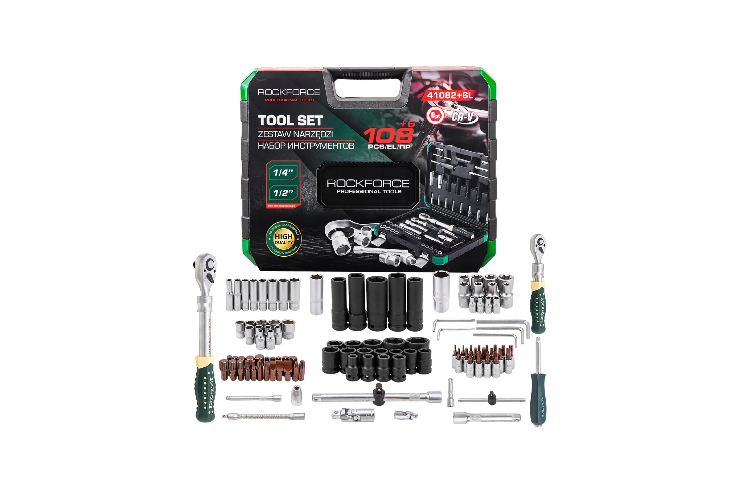 Набор инструментов Rockforce 108 + 6 предметов 1/4, 1/2 (6 граней