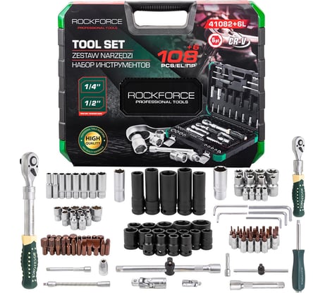 Набор инструментов Rockforce 108 + 6 предметов 1/4, 1/2 (6 граней) RF-41082+6L(63206)