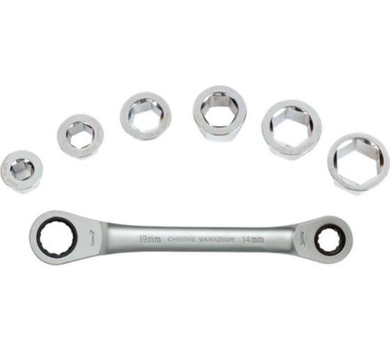 Ключ гаечный трещоточный накидной двухсторонний WORKPRO 14 х 19мм PRO CR-V (72 зуба, с насадками 8,10,12,13,15,17мм, 7 предметов) WP202567 1