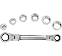 Набор WORKPRO: Ключ гаечный трещоточный накидной двухсторонний с шарниром 14 х 19мм PRO CR-V (72 зуба, с насадками 8,10,12,13,15,17мм, 7 предметов) WP202569