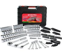 Набор инструментов механика WORKPRO (трещотки PRO CR-V 1/4, 3/8, 1/2, CR-Mo, 45 зубов, метрический, дюймовый, S2-230 предметов , КЕЙС) WP202537