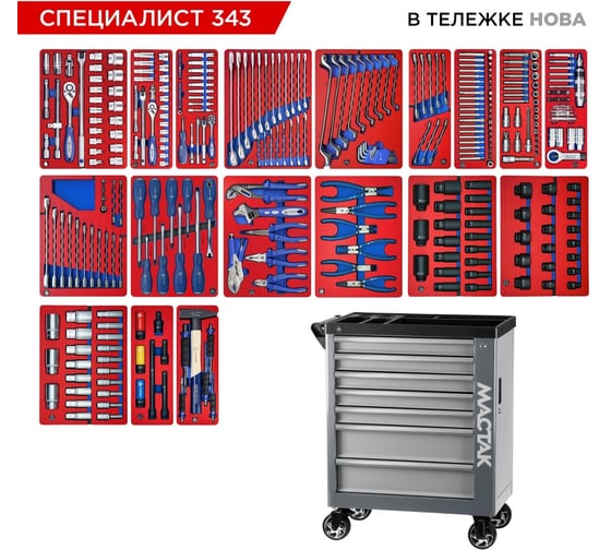 Набор инструментов МАСТАК 343 предмета, СПЕЦИАЛИСТ 343, в серой тележке 50-07343G 1