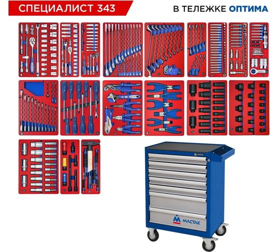 Набор инструментов МАСТАК 343 предмета, СПЕЦИАЛИСТ 343, в синей тележке 52-07343B 1