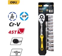 Набор торцевых головок с ключом-трещоткой 3/8 DELI DL1012T (8-19 мм, трещотка 45 зубьев, удлинитель) сталь 50BV30 227228