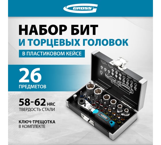 Набор бит и торцевых головок 1/4", магнитный адаптер GROSS 11361