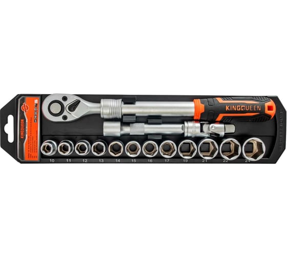 Трещотка телескопическая 1/2 с набором головок KINGQUEEN 15 пред, 72 зуба, WIB-199