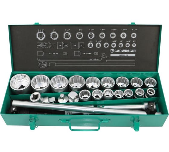 Набор торцевых головок дюймовых GARWIN 3/4", 12 гр., 3/4- 2, 23 пр. 643560-12