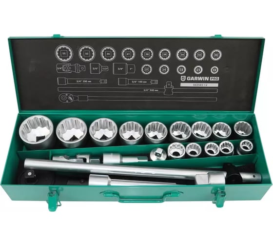 Набор торцевых головок GARWIN 3/4 12 гр., 19-55 мм, 21 пр. 643565-12