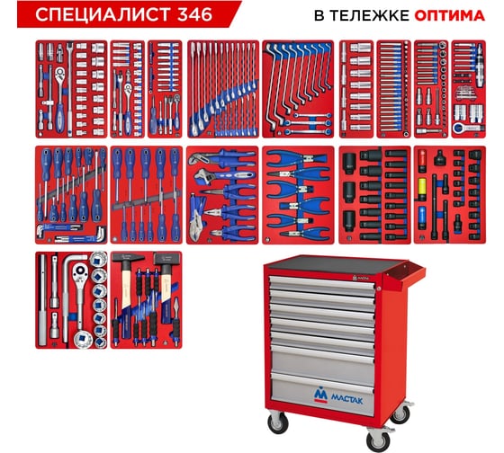 Набор инструментов МАСТАК 346 предметов, СПЕЦИАЛИСТ 346, в красной тележке 52-07346R