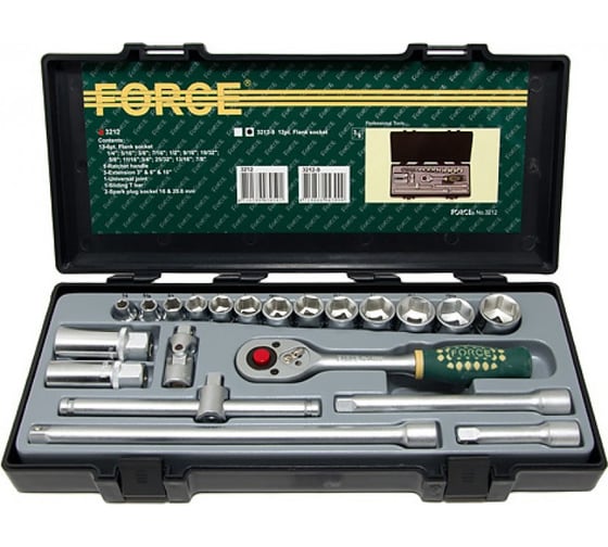 Набор FORCE DR.3/8 (13) 6-гранных дюймовых головок (1/4-7/8) и (2) свечных с инструментами, в пена 3212