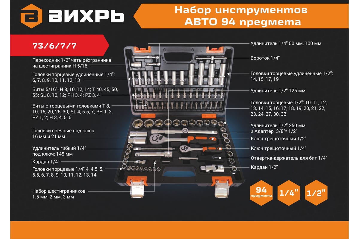 Набор инструментов Вихрь АВТО, 1/2, 1/4, CrV, в кейсе 94 предмета 73/6/7/7