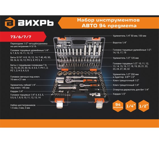 Набор инструментов Вихрь АВТО, 1/2, 1/4, CrV, в кейсе 94 предмета 73/6/7/7