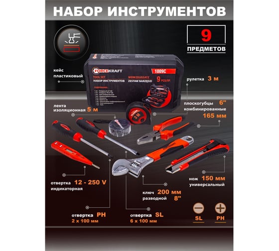Набор шарнирно-губцевого инструмента с отвертками FORCEKRAFT в кейсе  FK-1009C(51102)