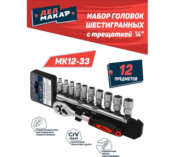 Набор головок Дед Макар торцевых МК12-33 с трещоткой 1/4, 12 предметов 00-00015835
