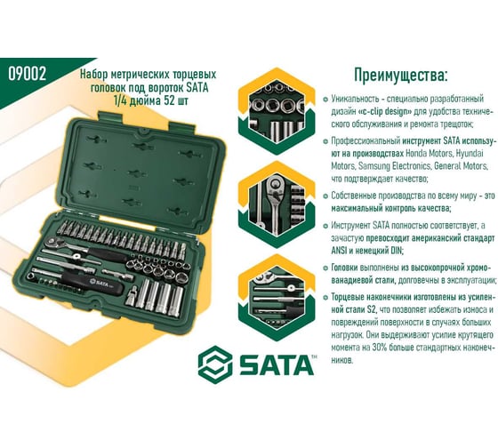 Набор метрических торцевых головок под вороток SATA 1/4 дюйма 52 шт 09002