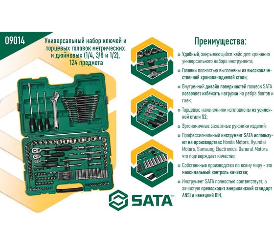 Набор ключей и торцевых головок метрических и дюймовых из 124 пр. SATA под воротки 1/4, 3/8 и 1/2 дюйма S 09014