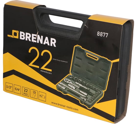 Набор торцевых головок BRENAR 22 шт, 1/2", 6-гранные, CR-V 8877