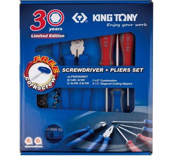 Набор пассатижей, бокорезов и отверток (6 предметов + штопор для бутылок) KING TONY P90006MR01