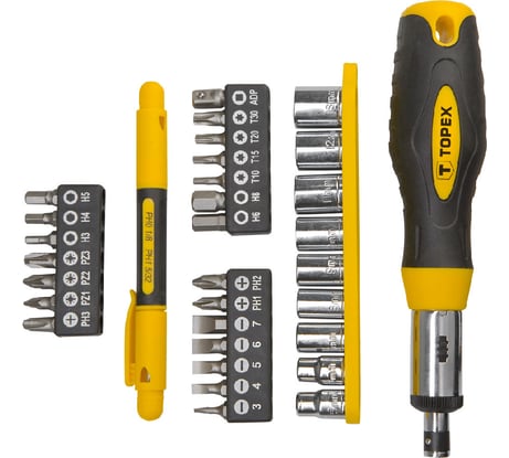 Набор бит и головок с двухкомпонентной рукояткой 34 шт. TOPEX 39D522
