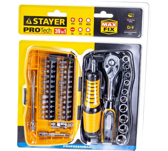 Биты и торцовые головки с трещоткой и воротком 39шт STAYER PROFI 25135-H39