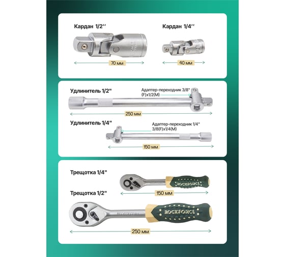 Набор инструмента Rockforce 1/2", 1/4"DR с 6-гранными головками 122 предмета RF-38901(51059)