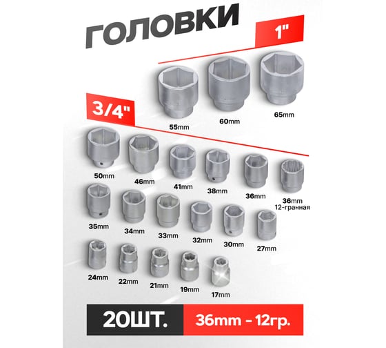 Набор торцевых головок Rockforce 3/4" 6-гранных 17-50мм 1" 26 предметов RF-68263-5(51902)