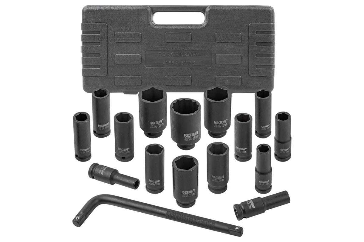 Набор ударных головок Forcekraft глубоких с Г-образным воротком 1/2''15 ...