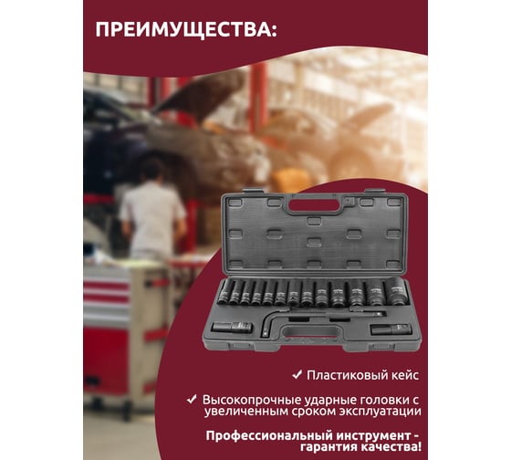 Набор ударных головок Forcekraft глубоких с Г-образным воротком 1/2''15+1 пр.(6-гр)(10, 12, 13-17, 19, 21, 22, 24, 27, 30, 32 мм, 36 мм-12 гр), в кейсе FK-4166A-5MPB(54597)