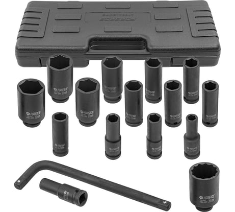 Набор глубоких ударных головок с Г-образным воротком Forsage 1/2''15+1пр.(6-гр) в кейсе F-4166A-5MPB(54602)