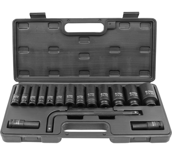 Набор глубоких ударных головок с Г-образным воротком Forsage 1/2''15+1пр.(6-гр) в кейсе F-4166A-5MPB(54602)