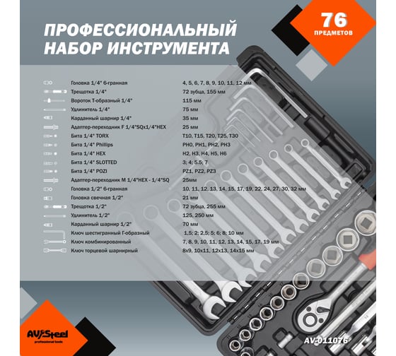 Профессиональный набор инструментов AV Steel 76 предметов AV-011076