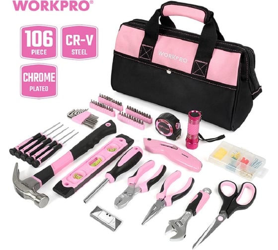 Набор инструментов WORKPRO Pink Lady для домашнего ремонта, c сумкой для хранения WP206801