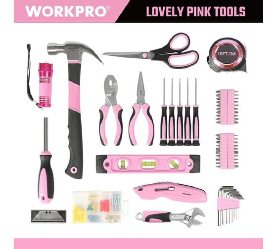 Набор инструментов WORKPRO Pink Lady для домашнего ремонта, c сумкой для хранения WP206801
