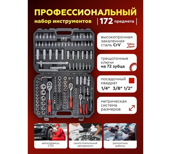 Набор инструментов Forcekraft 172 предмета, 1/4", 3/8", 1/2" 6гр, FK-41723-5(51889)